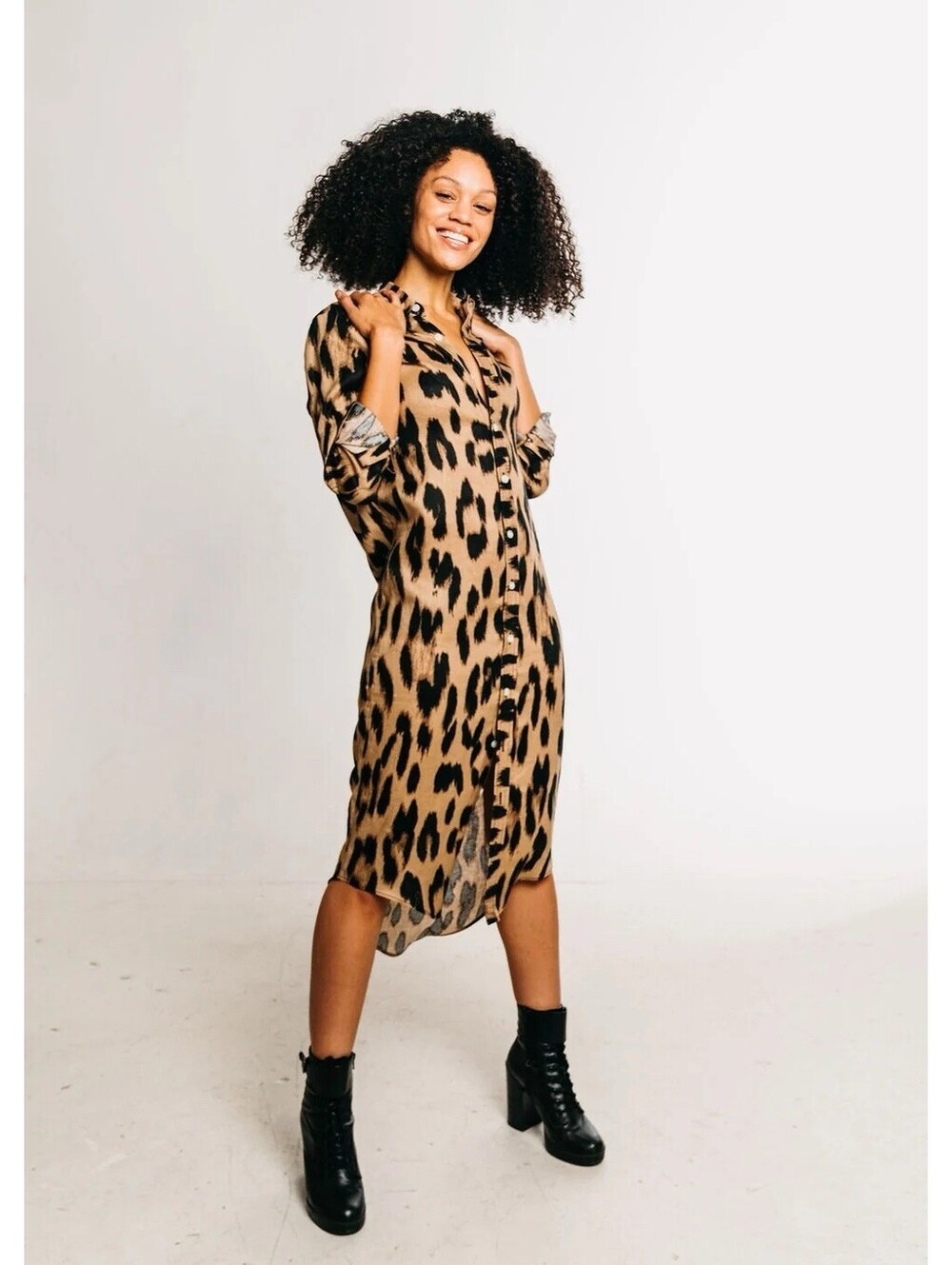 EMILY PHILLIPS Linen Cheetah Linen Girlfriend Midi Dress